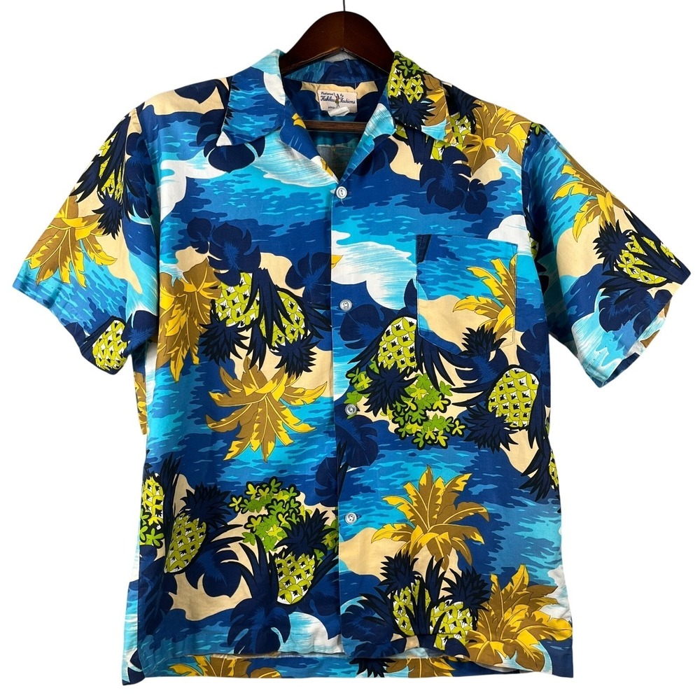 VTG 1970s Hukilau Fashions Honolulu L Hawaiian Shirt Pineapple Print Aloha Shirt